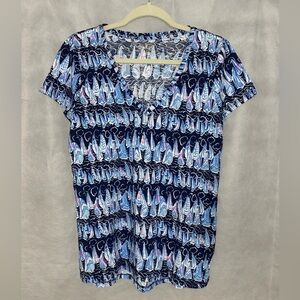 New Lilly Pulitzer Etta V-neck Top Low Tide Navy And Stripes, Size XL